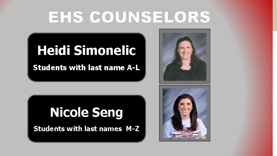 EHS COUNSELORS Heidi Simonelic Students with last name A-L Nicole Seng Students with last