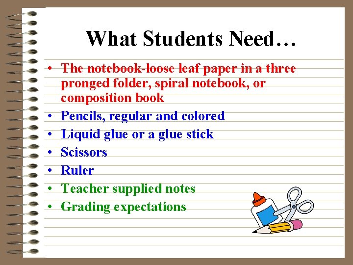 What Students Need… • The notebook-loose leaf paper in a three pronged folder, spiral