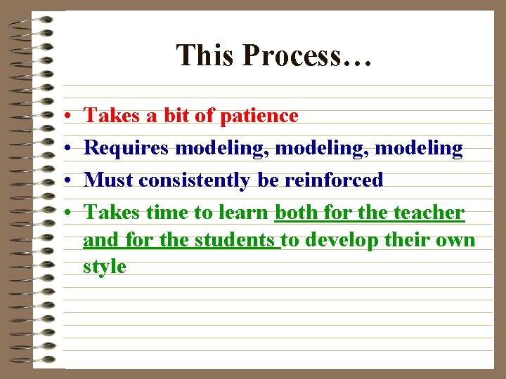 This Process… • • Takes a bit of patience Requires modeling, modeling Must consistently