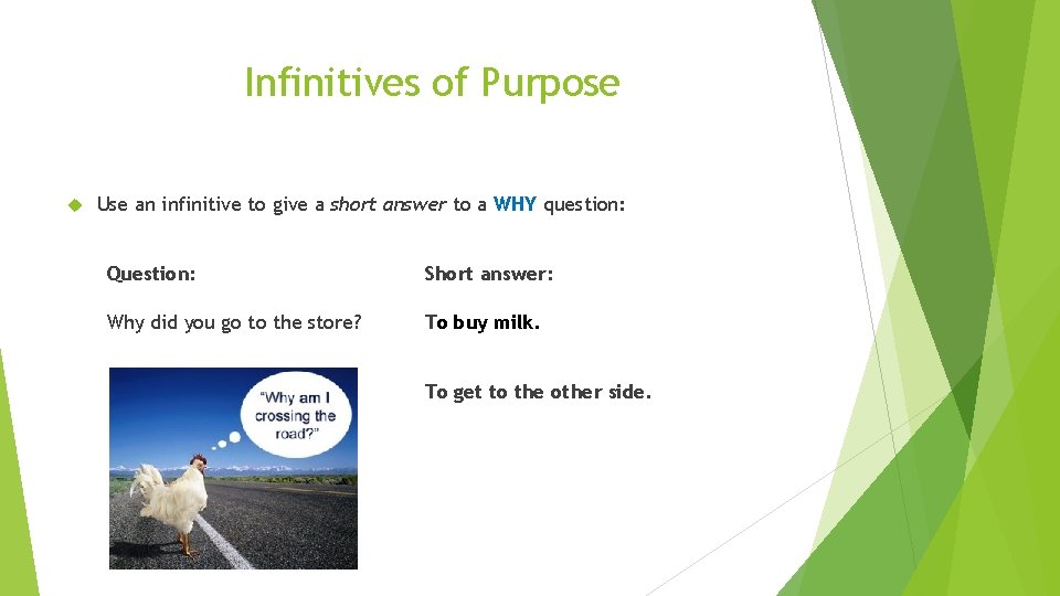 Infinitives of Purpose Use an infinitive to give a short answer to a WHY