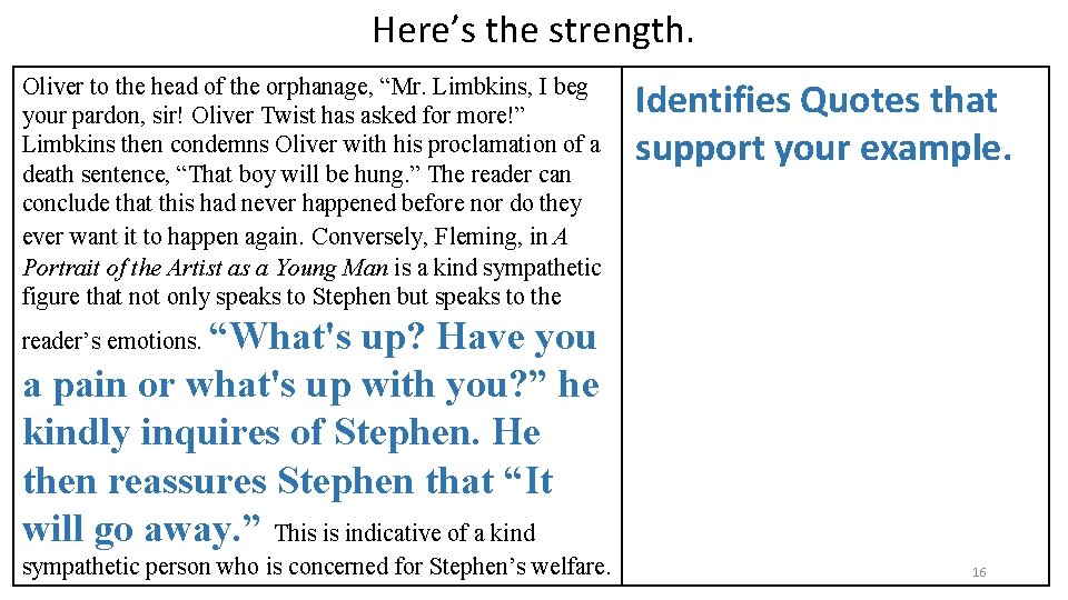 Here’s the strength. Oliver to the head of the orphanage, “Mr. Limbkins, I beg