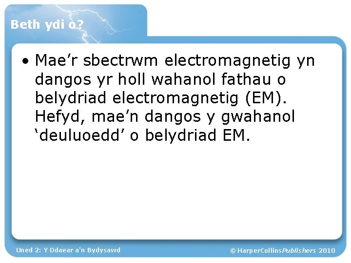 Beth ydi o? • Mae’r sbectrwm electromagnetig yn dangos yr holl wahanol fathau o