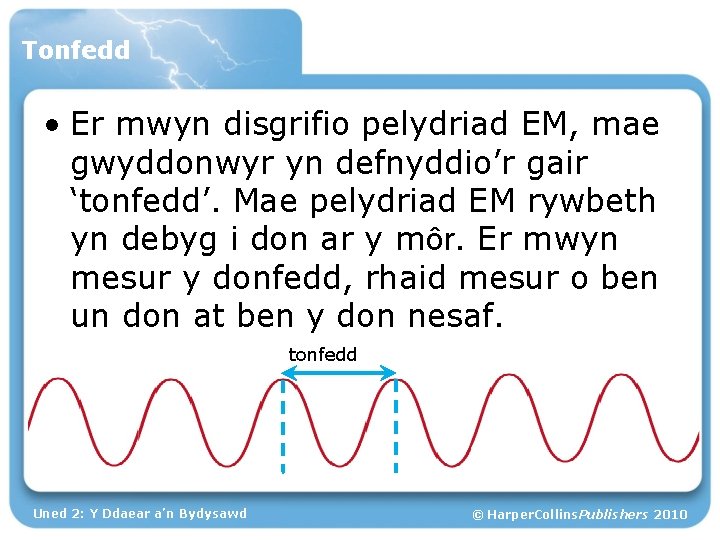 Tonfedd • Er mwyn disgrifio pelydriad EM, mae gwyddonwyr yn defnyddio’r gair ‘tonfedd’. Mae