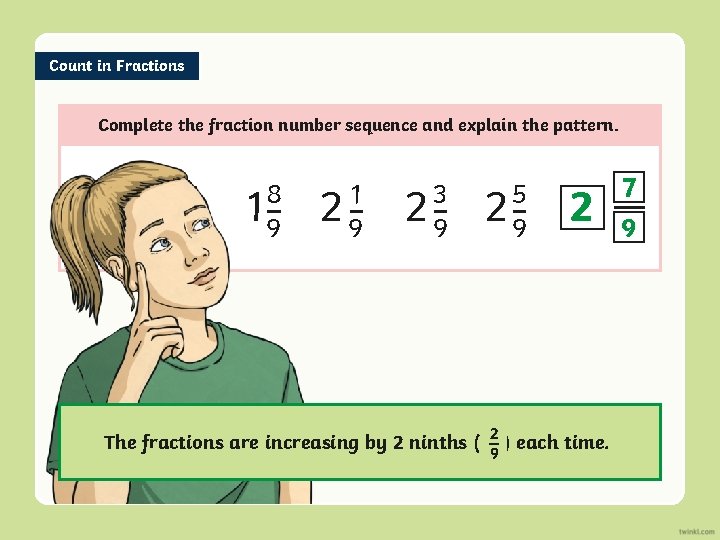 Count in Fractions Complete the fraction number sequence and explain the pattern. 8 19