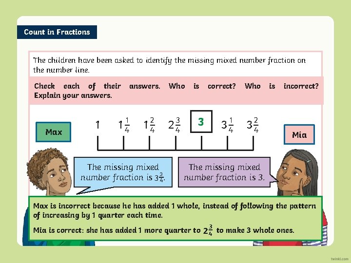 Count in Fractions The children have been asked to identify the missing mixed number
