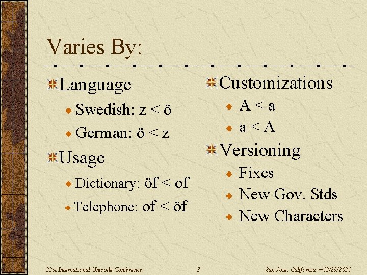 Varies By: Customizations Language A<a a<A Swedish: z < ö German: ö < z