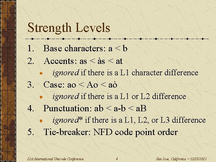 Strength Levels 1. Base characters: a < b 2. Accents: as < às <