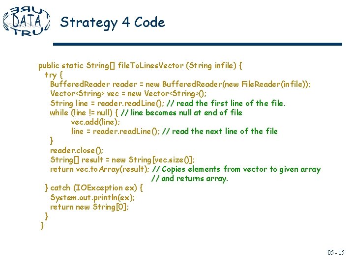 Strategy 4 Code public static String[] file. To. Lines. Vector (String infile) { try