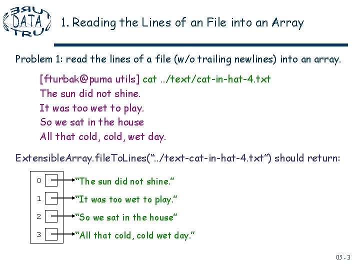1. Reading the Lines of an File into an Array Problem 1: read the 1. Reading the Lines of an File into an Array Problem 1: read the