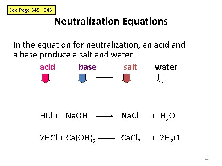 See Page 345 - 346 Neutralization Equations In the equation for neutralization, an acid