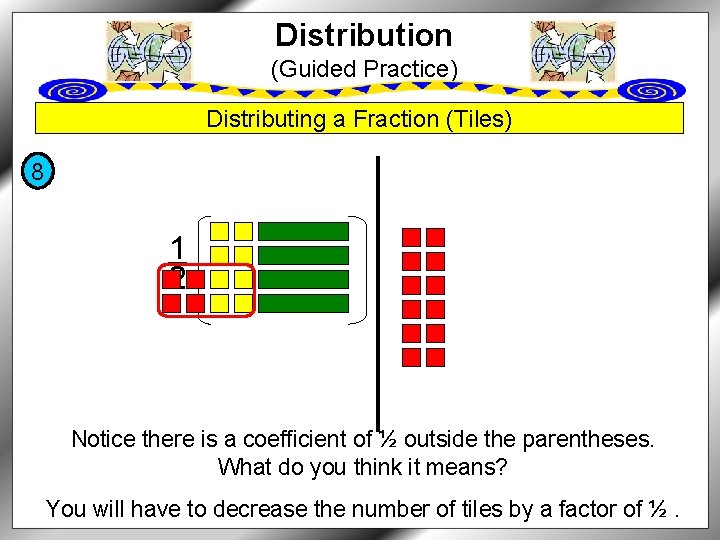 Distribution (Guided Practice) Distributing a Fraction (Tiles) 8 1 _ 2 Notice there is