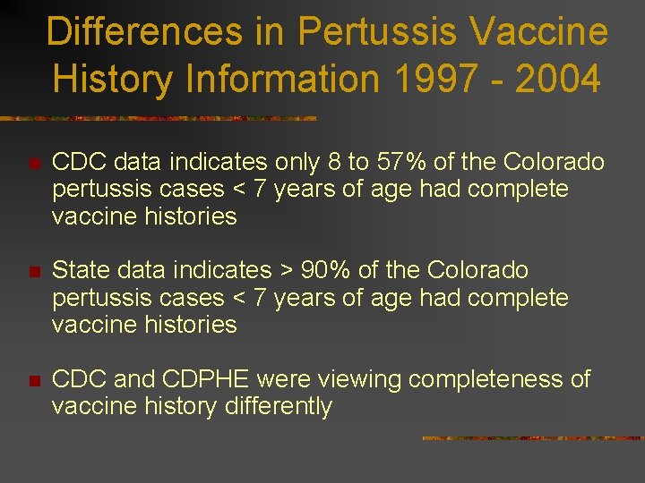 Differences in Pertussis Vaccine History Information 1997 - 2004 n CDC data indicates only