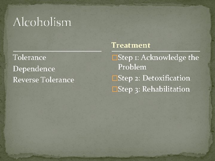 Alcoholism Treatment Tolerance Dependence Reverse Tolerance �Step 1: Acknowledge the Problem �Step 2: Detoxification