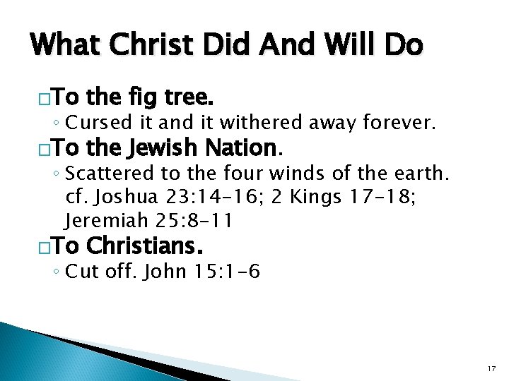 What Christ Did And Will Do �To the fig tree. �To the Jewish Nation.