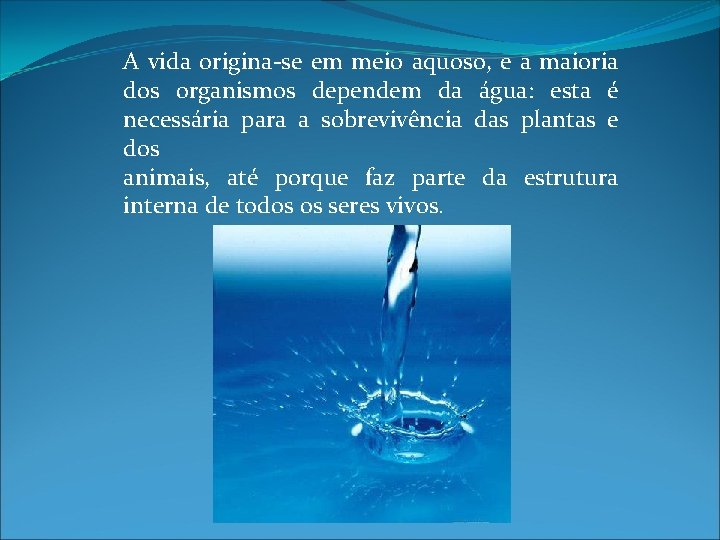 A vida origina-se em meio aquoso, e a maioria dos organismos dependem da água: