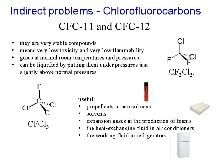 Indirect problems - Chlorofluorocarbons CFC-11 and CFC-12 • • they are very stable compounds