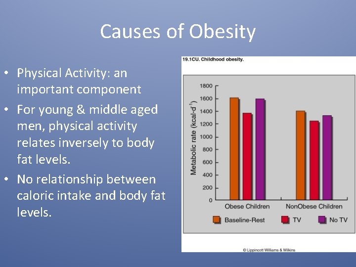 Causes of Obesity • Physical Activity: an important component • For young & middle