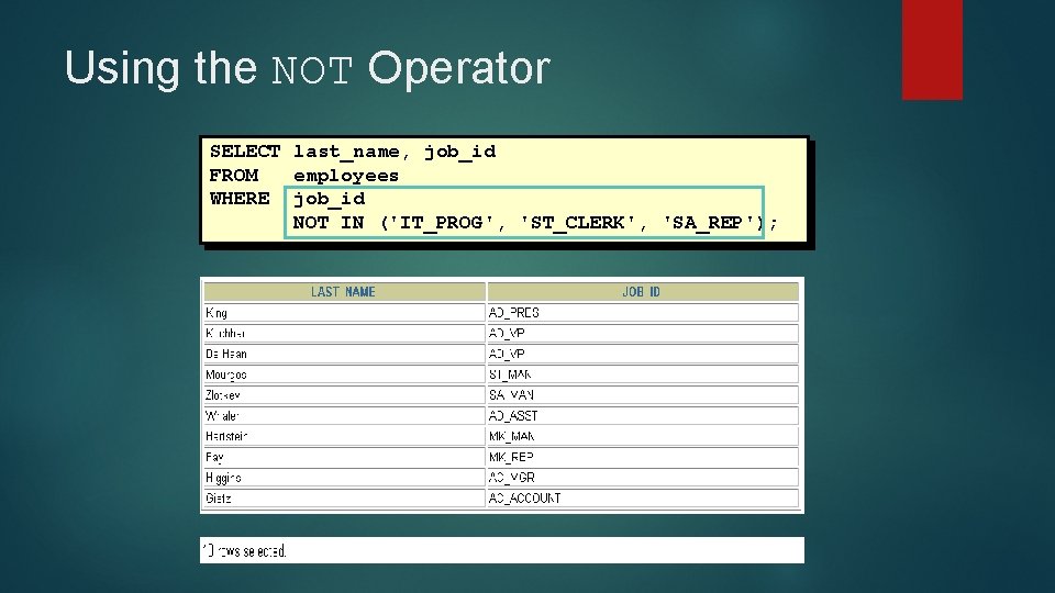 Using the NOT Operator SELECT last_name, job_id FROM employees WHERE job_id NOT IN ('IT_PROG', Using the NOT Operator SELECT last_name, job_id FROM employees WHERE job_id NOT IN ('IT_PROG',