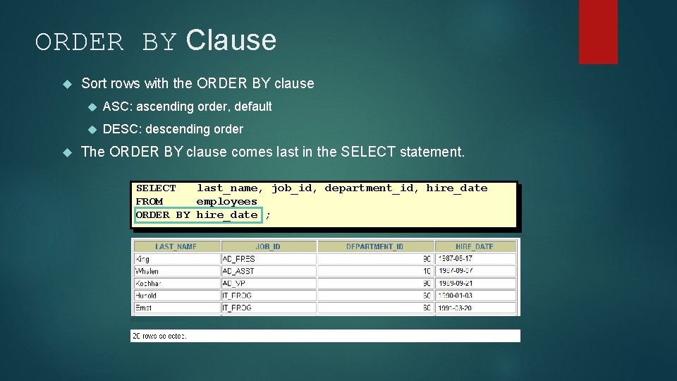 ORDER BY Clause Sort rows with the ORDER BY clause ASC: ascending order, default ORDER BY Clause Sort rows with the ORDER BY clause ASC: ascending order, default
