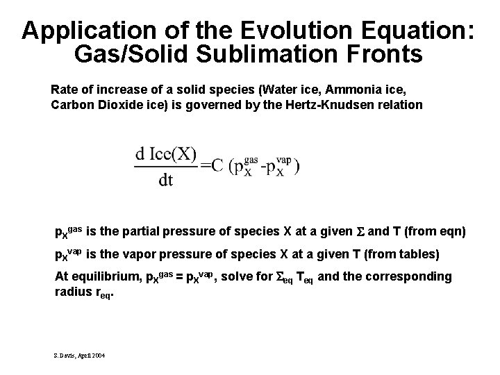 Application of the Evolution Equation: Gas/Solid Sublimation Fronts Rate of increase of a solid