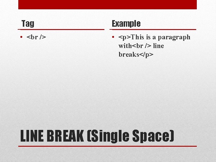 Tag Example • • <p>This is a paragraph with line breaks</p> LINE BREAK (Single