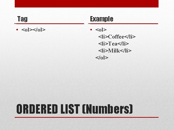 Tag Example • <ol></ol> • <ol> <li>Coffee</li> <li>Tea</li> <li>Milk</li> </ol> ORDERED LIST (Numbers) 