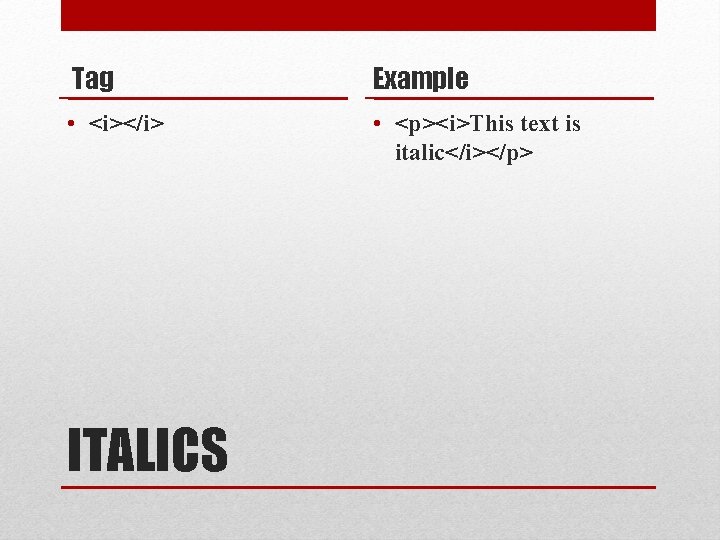 Tag Example • <i></i> • <p><i>This text is italic</i></p> ITALICS 