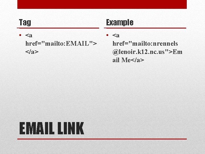 Tag Example • <a href="mailto: EMAIL"> </a> • <a href="mailto: nrennels @lenoir. k 12.