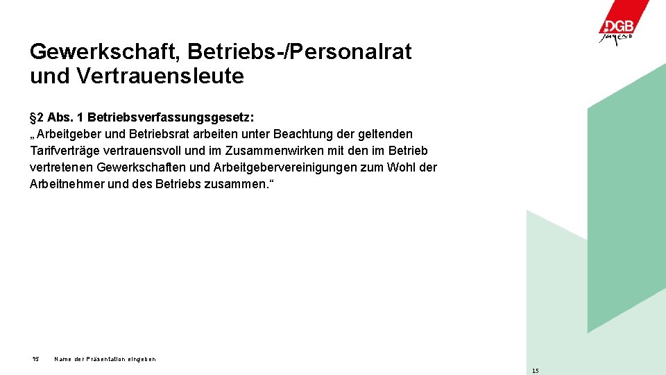 Gewerkschaft, Betriebs-/Personalrat und Vertrauensleute § 2 Abs. 1 Betriebsverfassungsgesetz: „ Arbeitgeber und Betriebsrat arbeiten