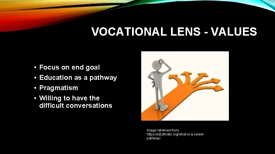 VOCATIONAL LENS - VALUES • • Focus on end goal Education as a pathway