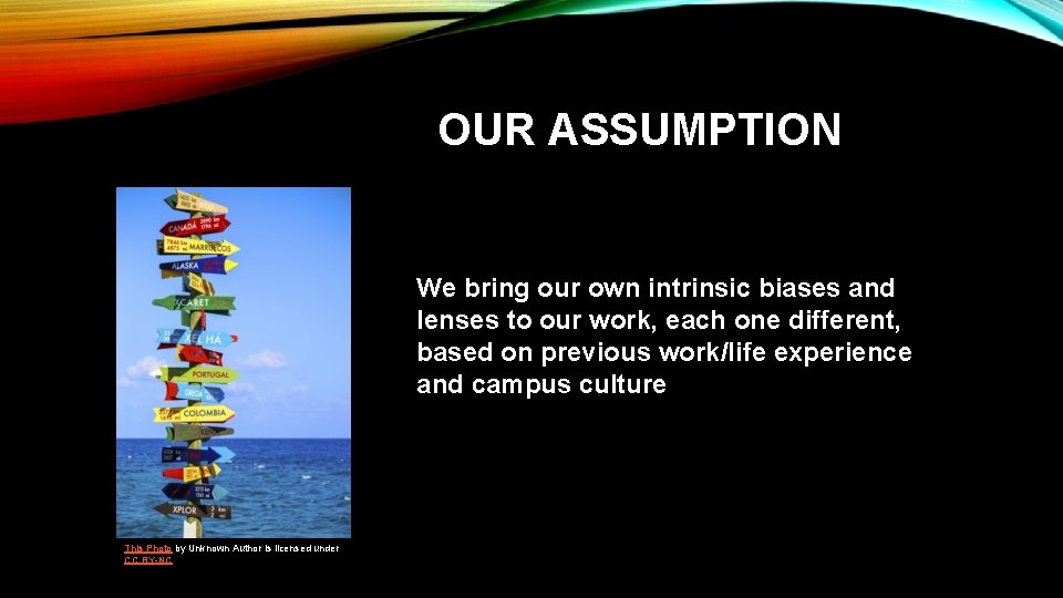 OUR ASSUMPTION We bring our own intrinsic biases and lenses to our work, each