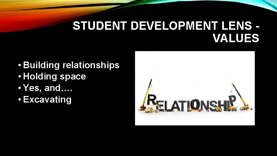 STUDENT DEVELOPMENT LENS VALUES • Building relationships • Holding space • Yes, and…. •