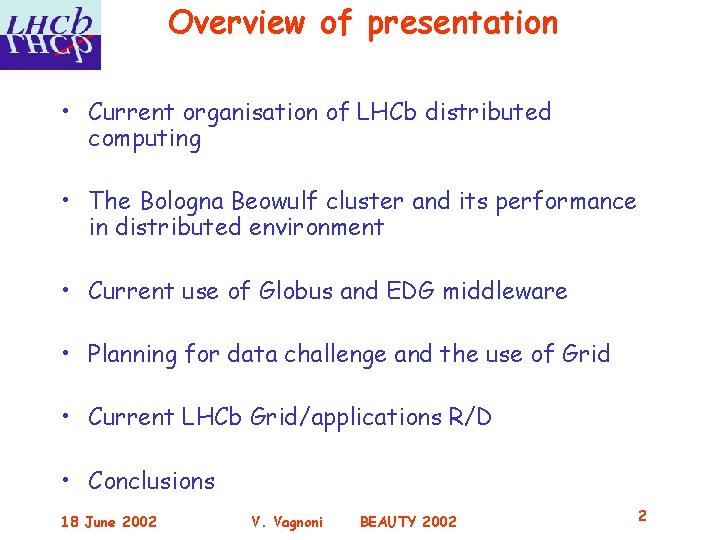 Overview of presentation • Current organisation of LHCb distributed computing • The Bologna Beowulf