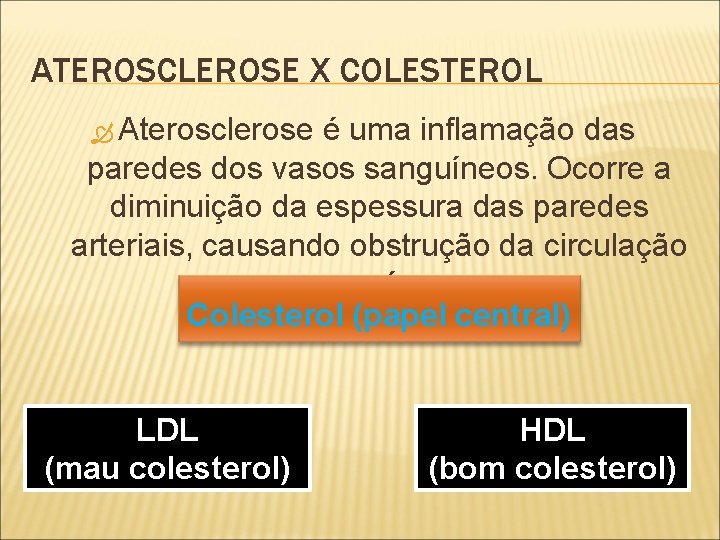 ATEROSCLEROSE X COLESTEROL Aterosclerose é uma inflamação das paredes dos vasos sanguíneos. Ocorre a