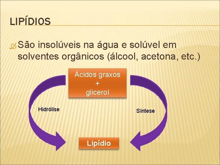 LIPÍDIOS São insolúveis na água e solúvel em solventes orgânicos (álcool, acetona, etc. )