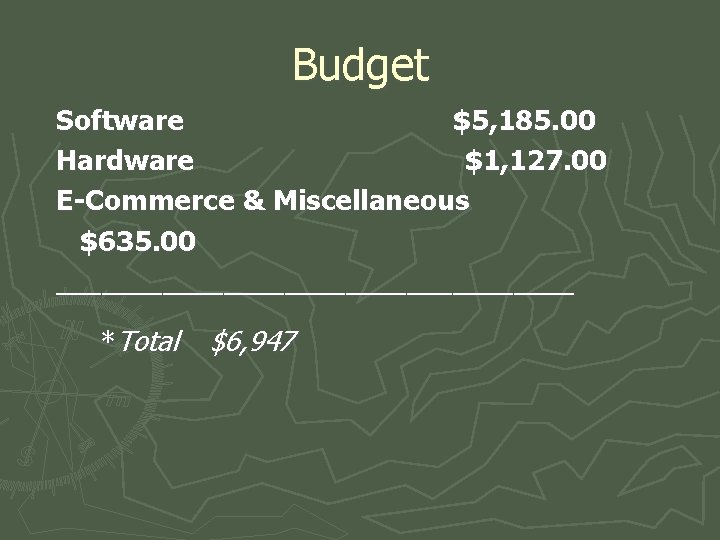 Budget Software $5, 185. 00 Hardware $1, 127. 00 E-Commerce & Miscellaneous $635. 00