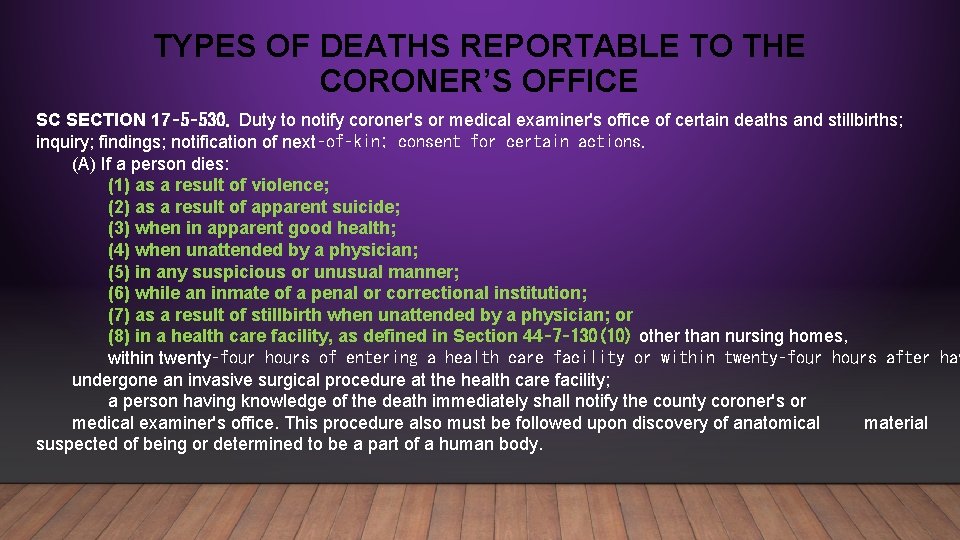 TYPES OF DEATHS REPORTABLE TO THE CORONER’S OFFICE SC SECTION 17‑ 5‑ 530. Duty