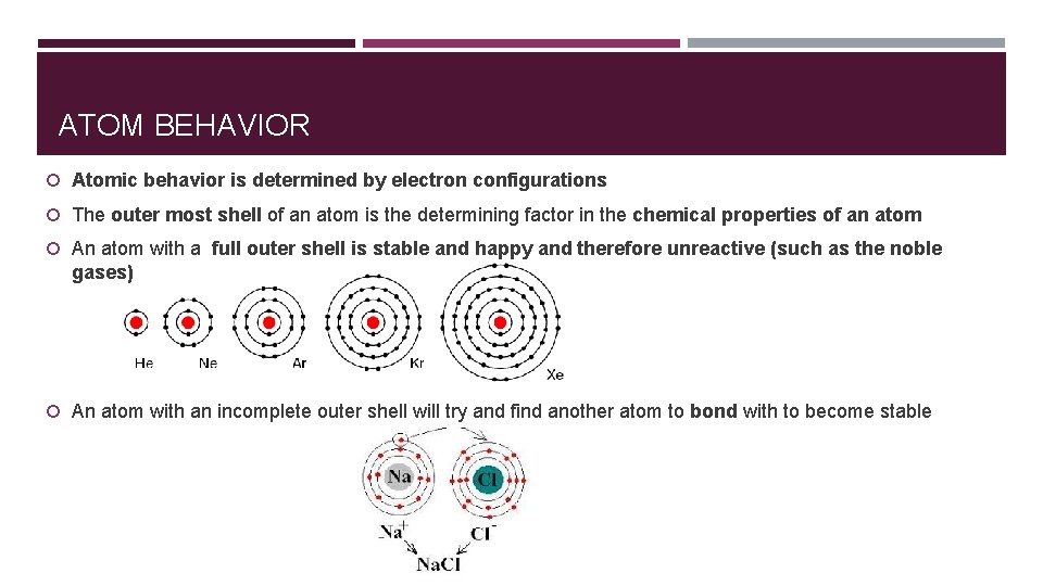 ATOM BEHAVIOR Atomic behavior is determined by electron configurations The outer most shell of