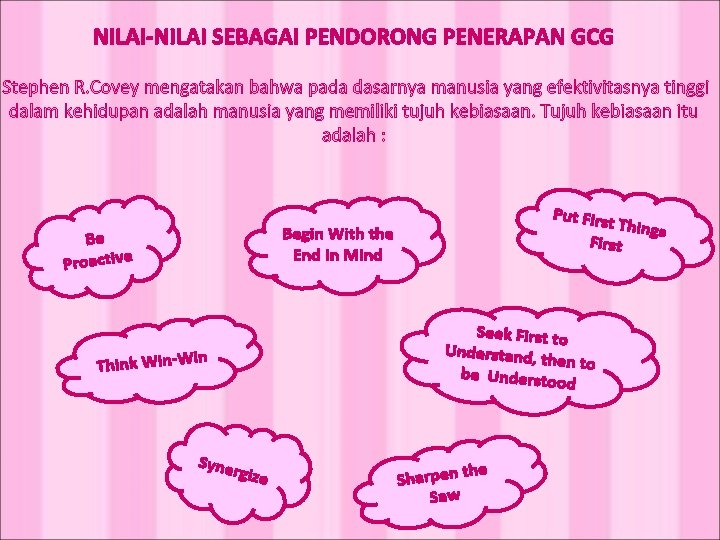 NILAI-NILAI SEBAGAI PENDORONG PENERAPAN GCG Stephen R. Covey mengatakan bahwa pada dasarnya manusia yang