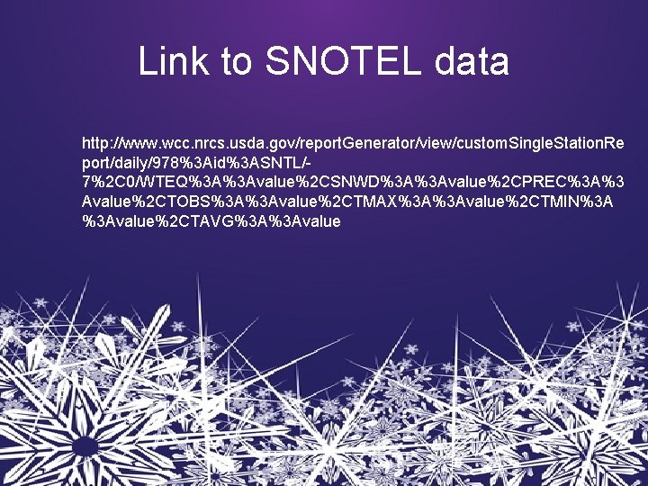 Link to SNOTEL data http: //www. wcc. nrcs. usda. gov/report. Generator/view/custom. Single. Station. Re