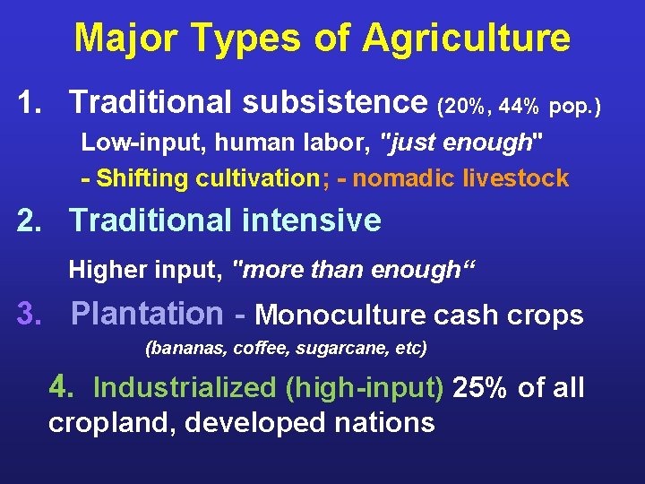 Major Types of Agriculture 1. Traditional subsistence (20%, 44% pop. ) Low-input, human labor,