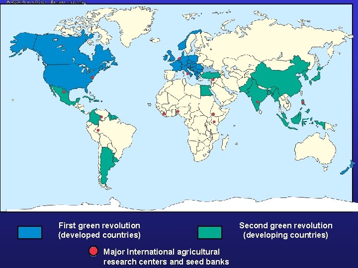 First green revolution (developed countries) Major International agricultural research centers and seed banks Second