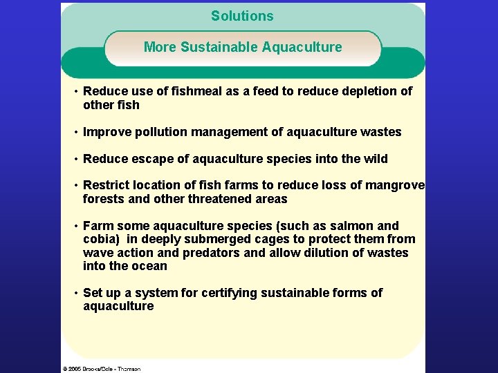 Solutions More Sustainable Aquaculture • Reduce use of fishmeal as a feed to reduce