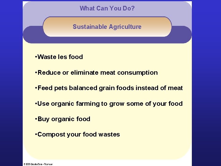 What Can You Do? Sustainable Agriculture • Waste les food • Reduce or eliminate