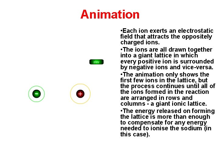 Animation • Each ion exerts an electrostatic field that attracts the oppositely charged ions.