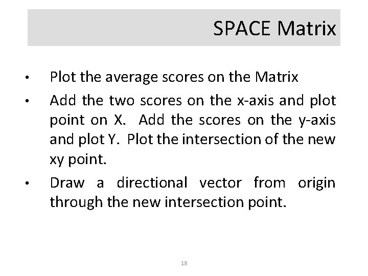 SPACE Matrix • • • Plot the average scores on the Matrix Add the
