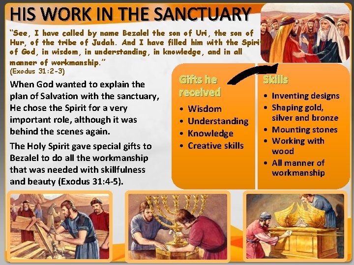 HIS WORK IN THE SANCTUARY “See, I have called by name Bezalel the son