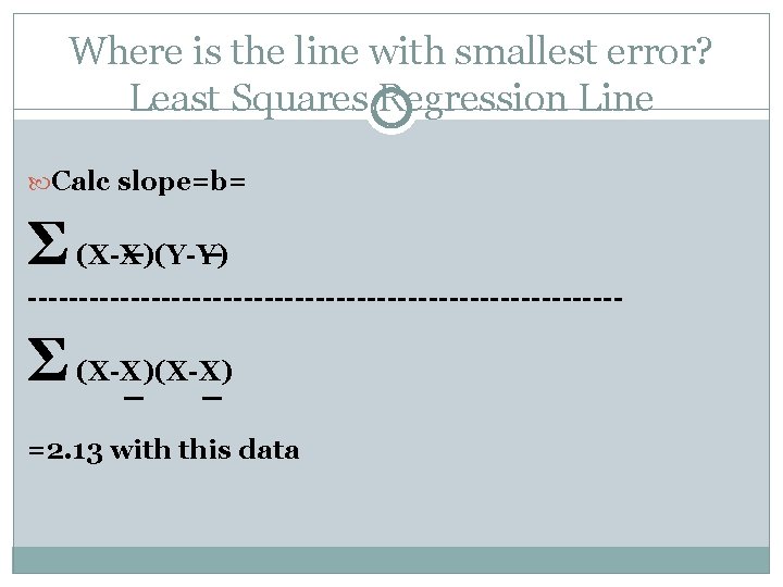 Where is the line with smallest error? Least Squares Regression Line Calc slope=b= Σ