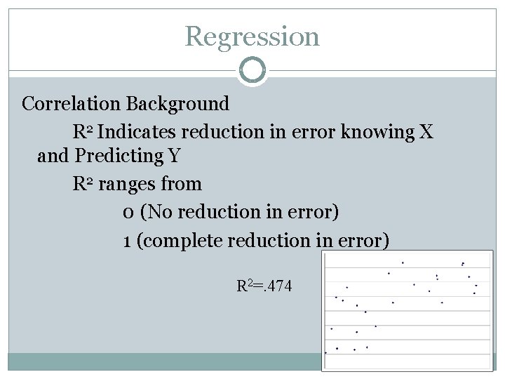 Regression Correlation Background R 2 Indicates reduction in error knowing X and Predicting Y