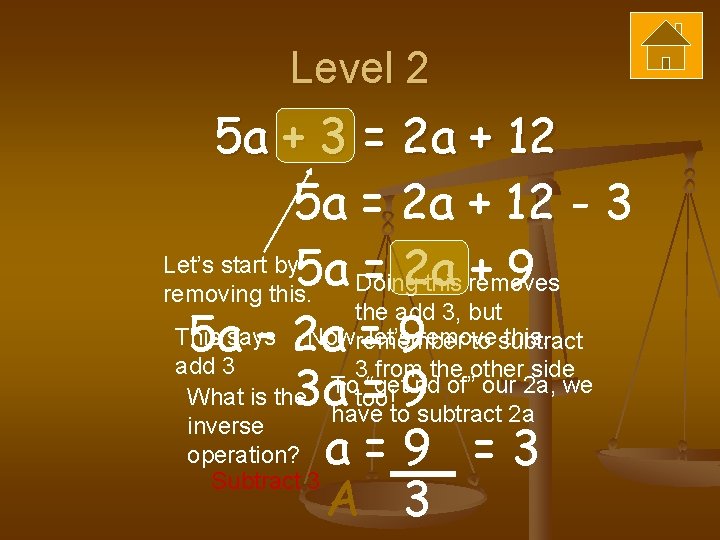 Level 2 5 a + 3 = 2 a + 12 5 a =